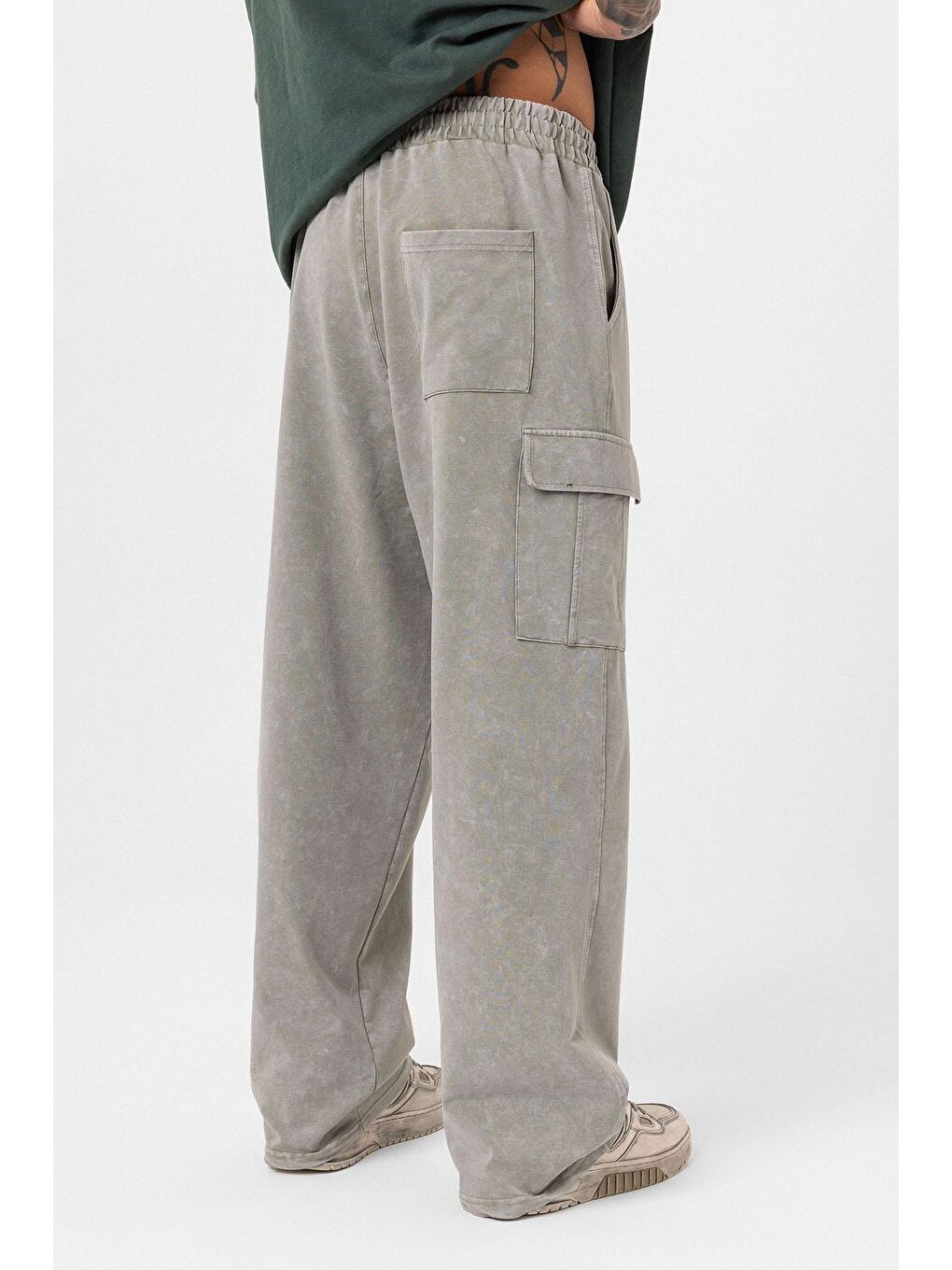 Yıkamalı Kargo Cepli Baggy Eşofman Alt Haki-4