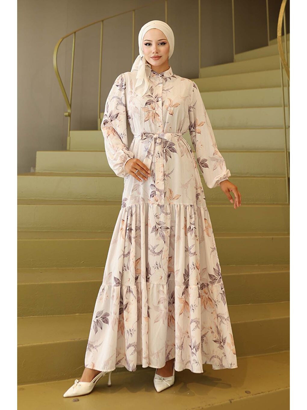 Ekru Kadın Desenli Uzun Tesettür Elbise 2586 - Krem