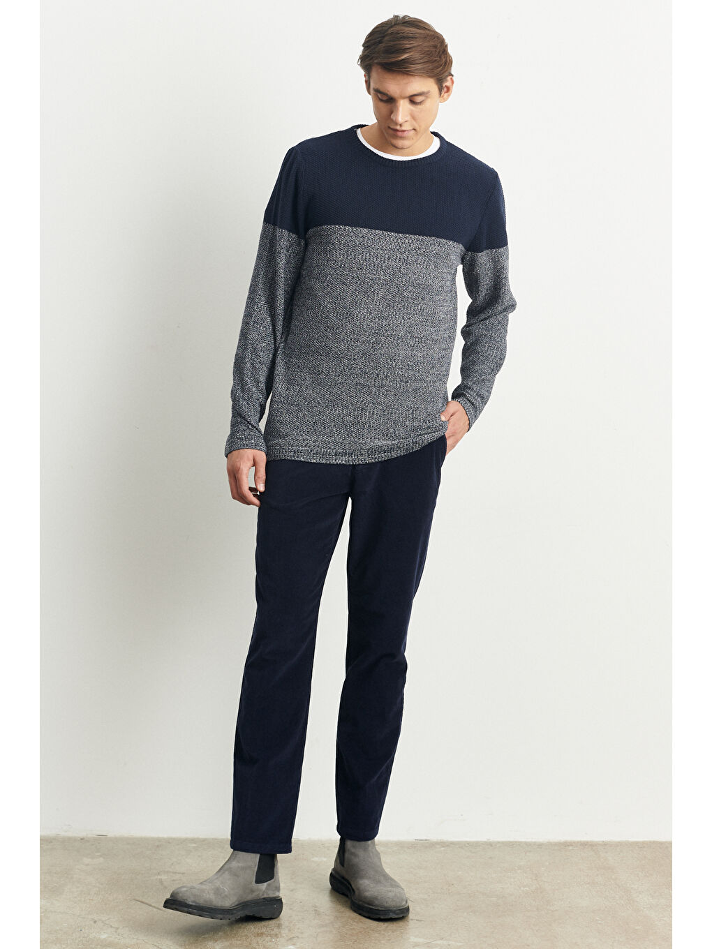 Erkek Lacivert-Krem Recycle Standart Fit Normal Kesim Bisiklet Yaka Triko-1