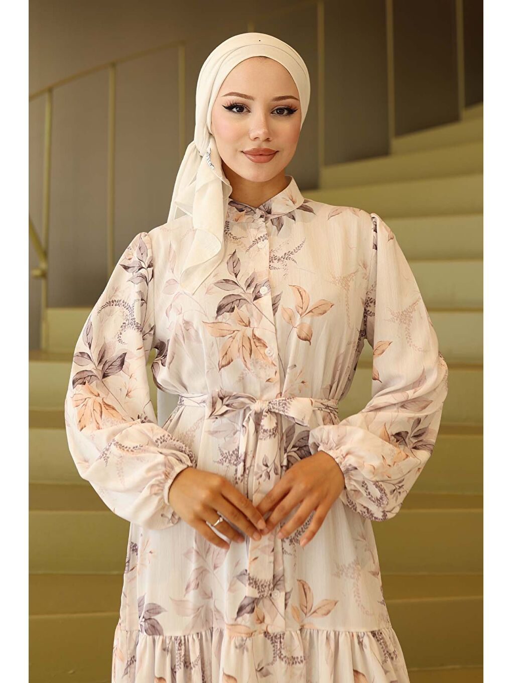 Ekru Kadın Desenli Uzun Tesettür Elbise 2586 - Krem-1