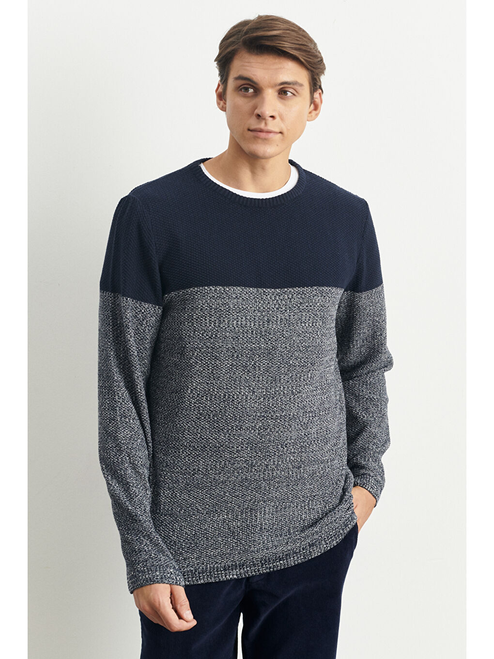 Erkek Lacivert-Krem Recycle Standart Fit Normal Kesim Bisiklet Yaka Triko-2