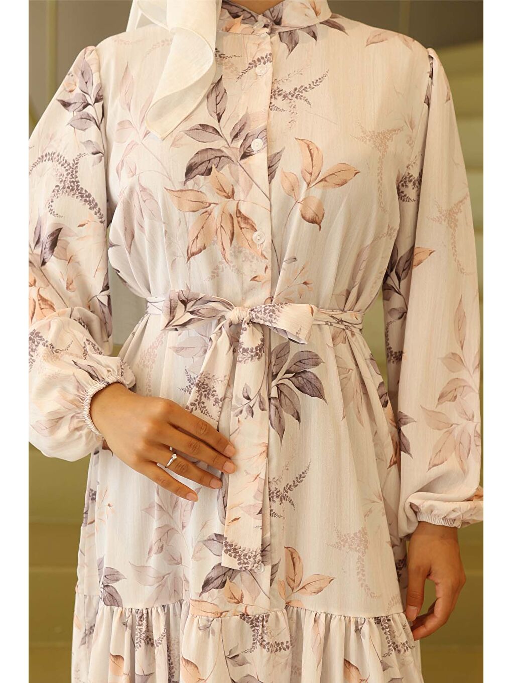 Ekru Kadın Desenli Uzun Tesettür Elbise 2586 - Krem-2