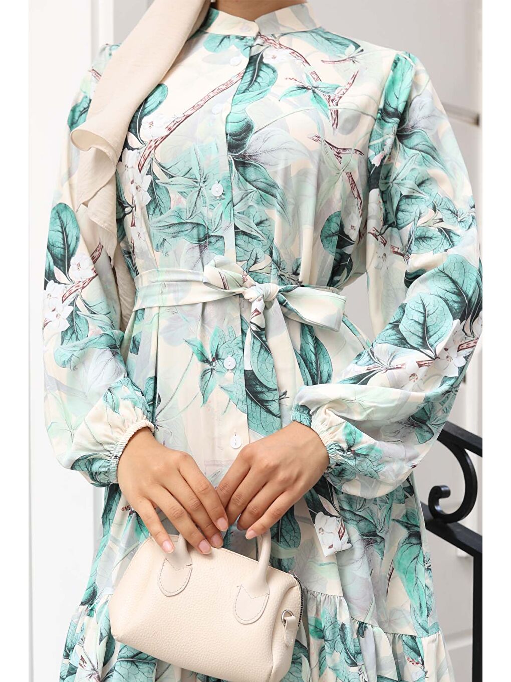 Kadın Desenli Uzun Tesettür Elbise 2586 - A.Yeşil-2