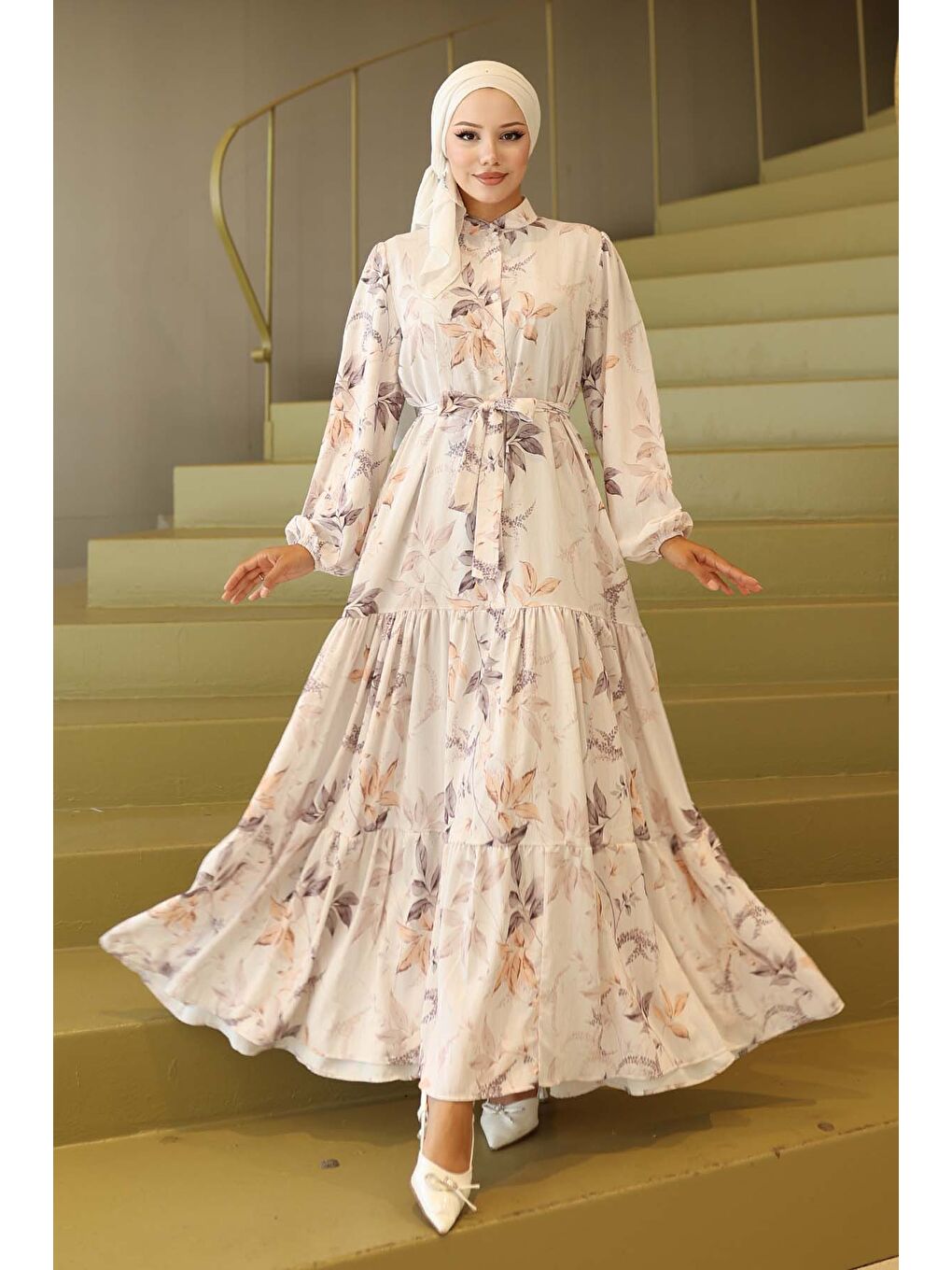 Ekru Kadın Desenli Uzun Tesettür Elbise 2586 - Krem-3