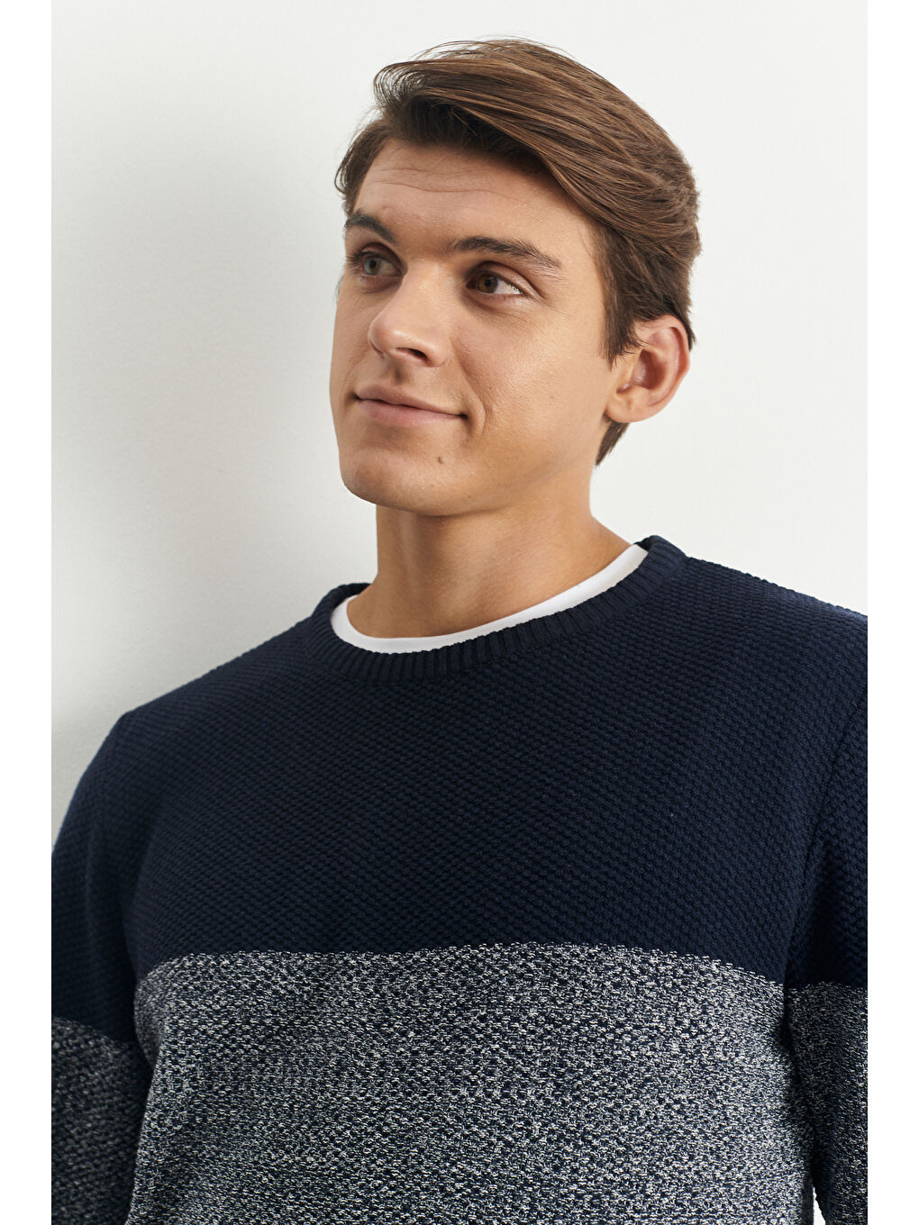 Erkek Lacivert-Krem Recycle Standart Fit Normal Kesim Bisiklet Yaka Triko-4