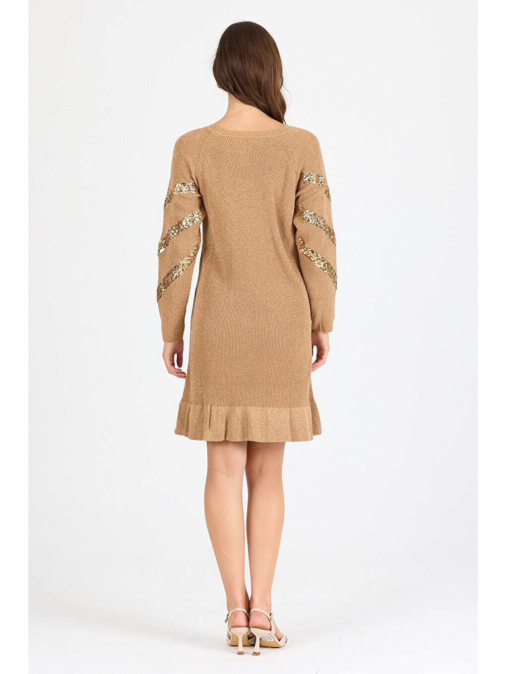 Kahverengi Kadın Bisiklet Yaka Sim Garnili Pul İşlemeli Eibise 3143 (Standart Beden s-m-l-xl Beden Uyumludur)-1