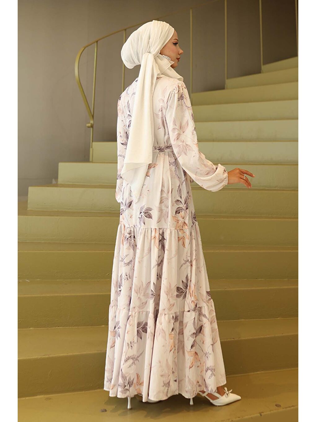 Ekru Kadın Desenli Uzun Tesettür Elbise 2586 - Krem-4