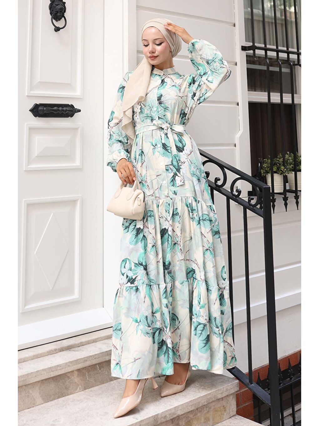 Kadın Desenli Uzun Tesettür Elbise 2586 - A.Yeşil-3