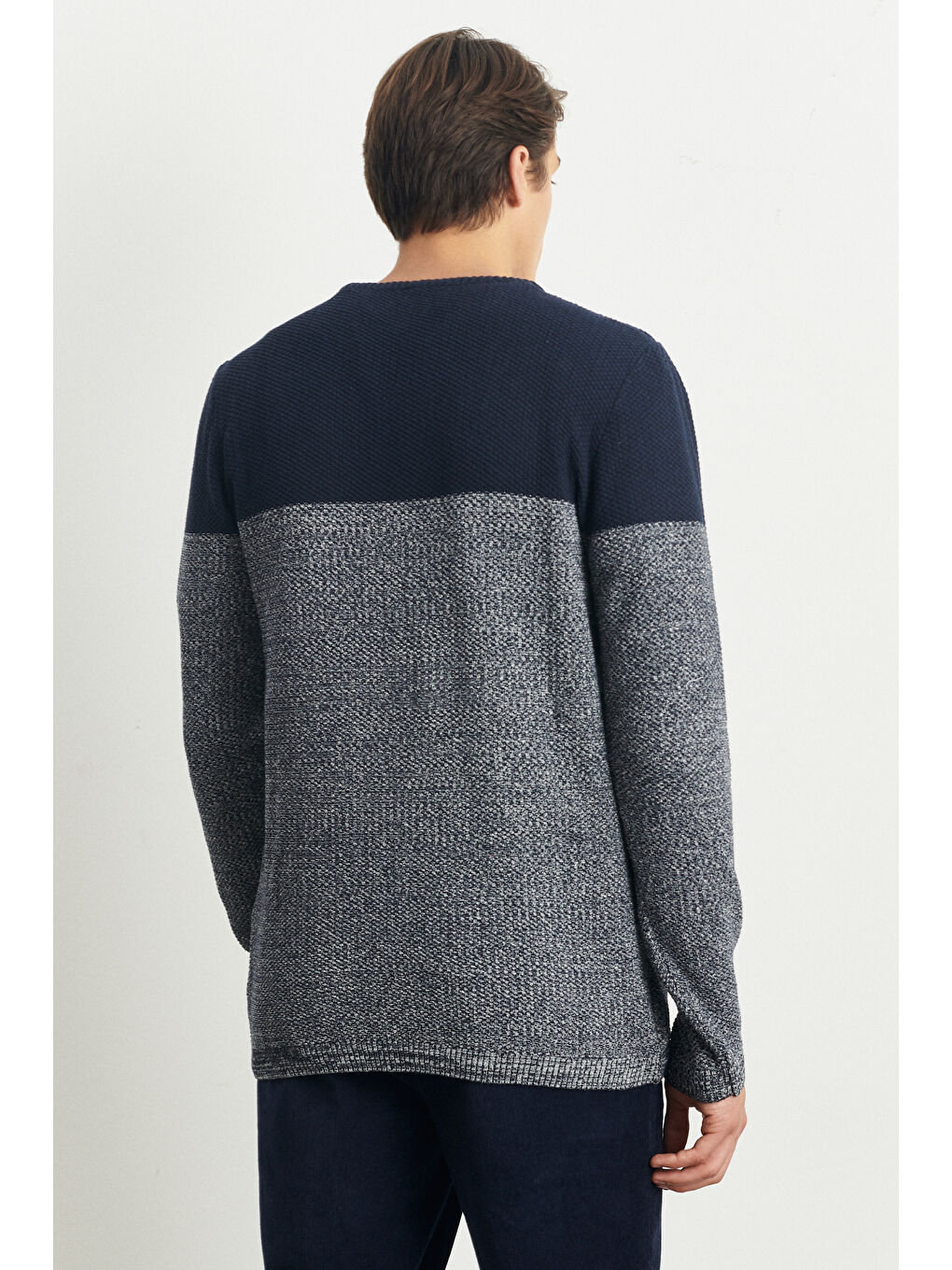 Erkek Lacivert-Krem Recycle Standart Fit Normal Kesim Bisiklet Yaka Triko-5