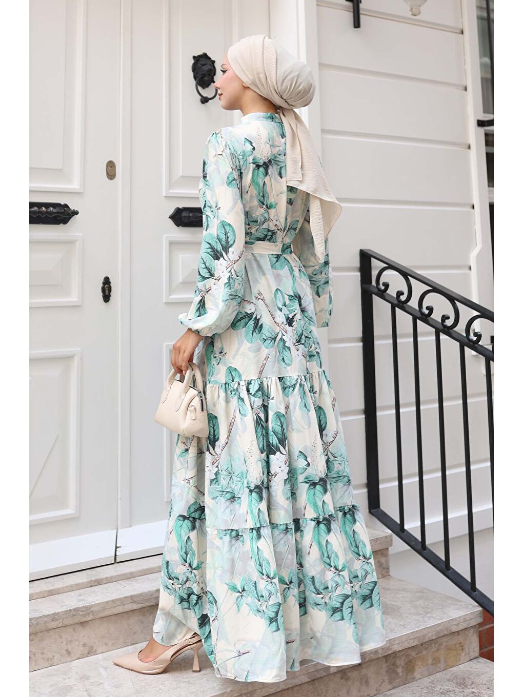 Kadın Desenli Uzun Tesettür Elbise 2586 - A.Yeşil-4