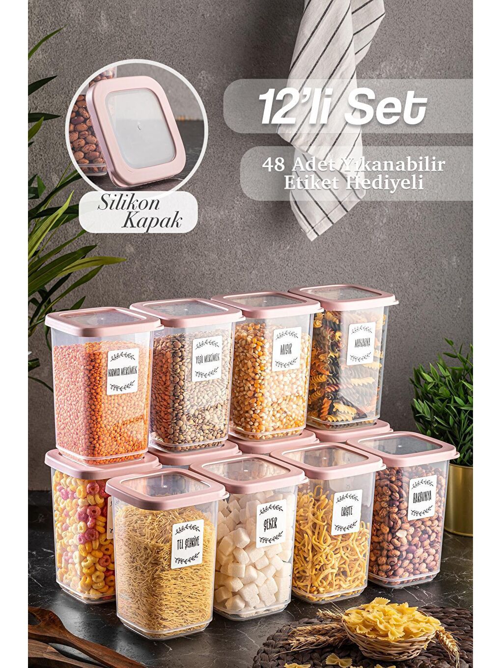 Meleni Home Antrasit 12'li Büyük Boy Silikon Kapaklı Kare Erzak Saklama Kabı Seti 12x 1100 ml Baharatlık Seti Pembe