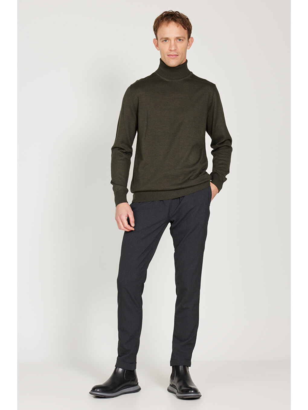 Erkek Haki Standart Fit Normal Kesim Tam Balıkçı Yaka Triko Kazak-1