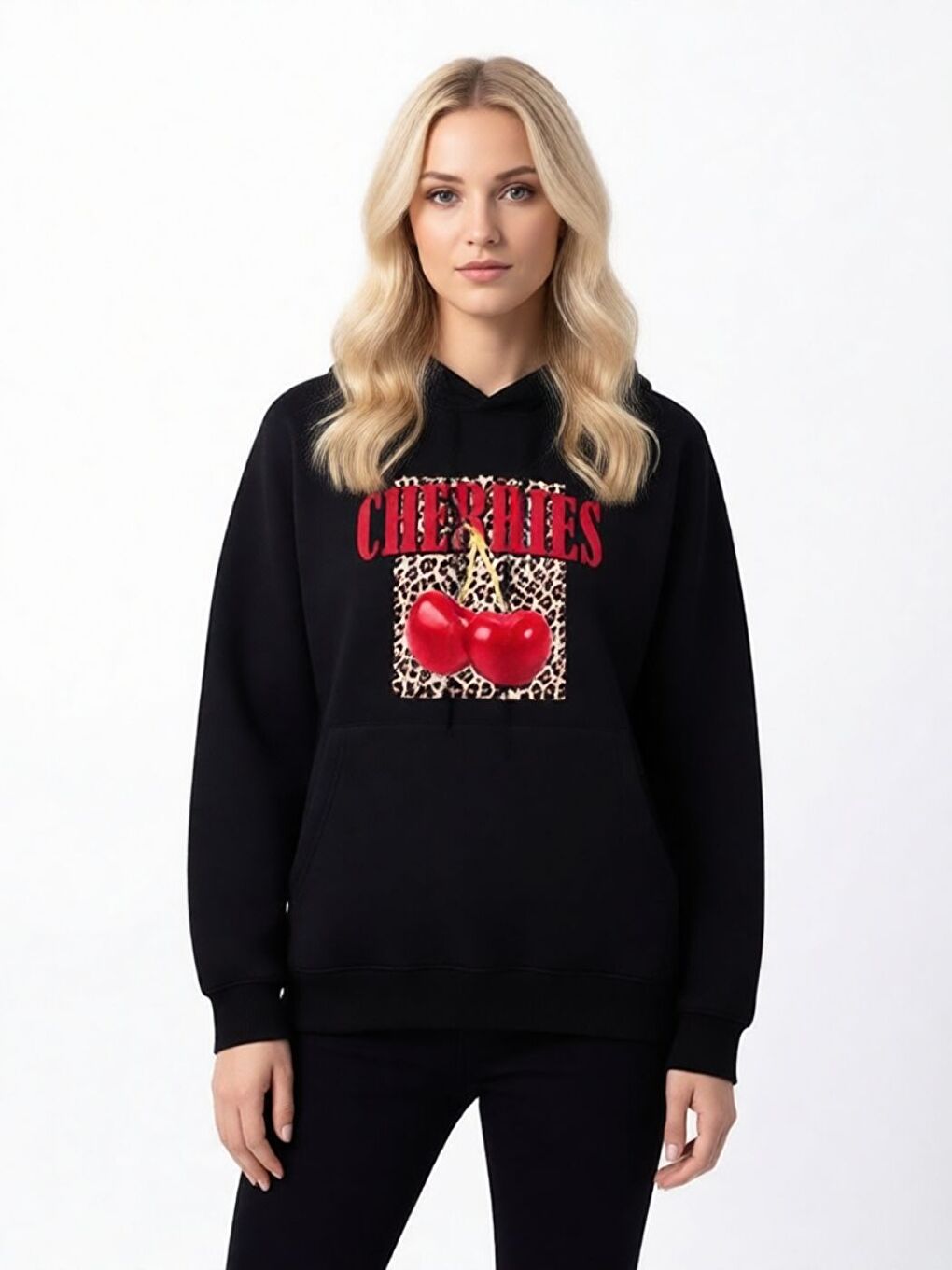 Unisex Cherries  Baskılı Kapüşonlu Sweatshirt Hoodie Siyah