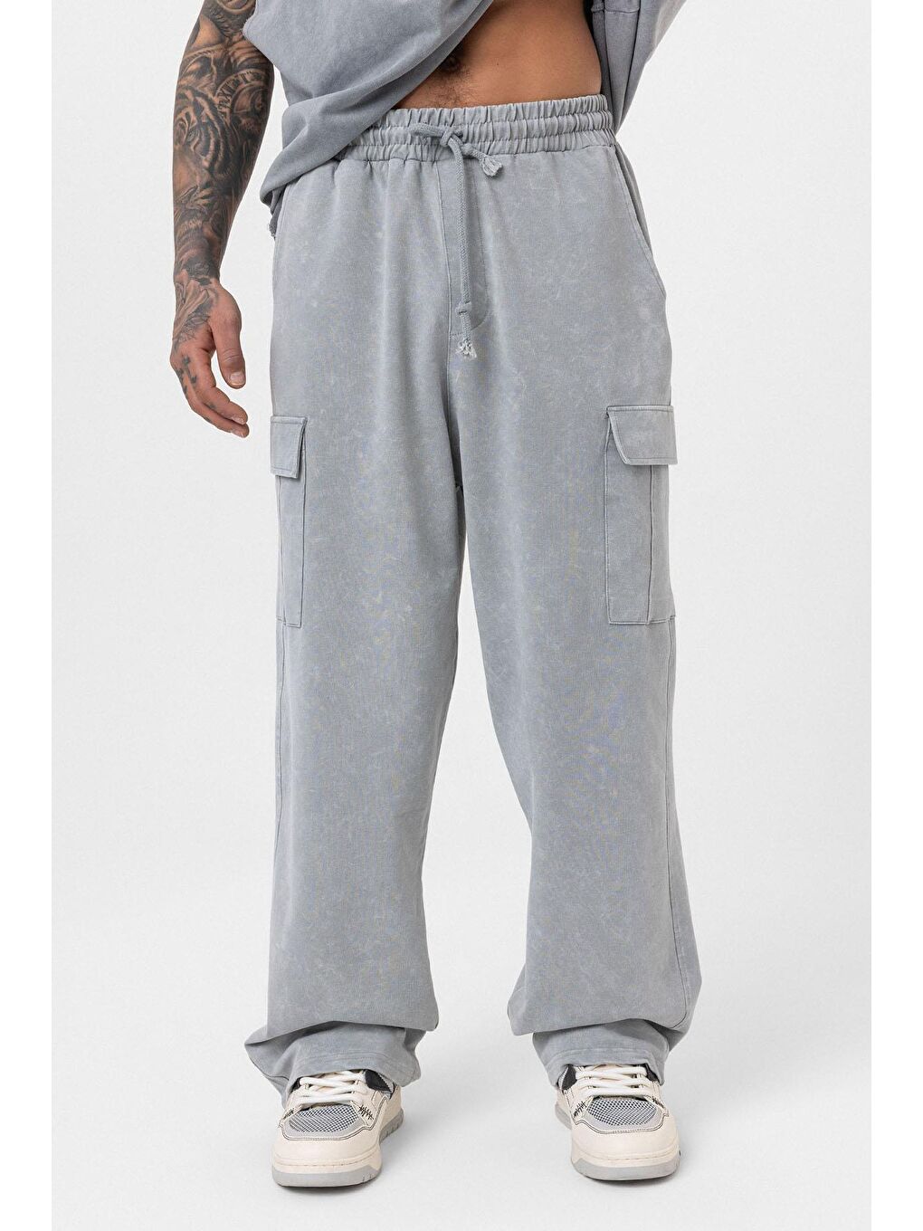 Yıkamalı Kargo Cepli Baggy Eşofman Alt Gri-2