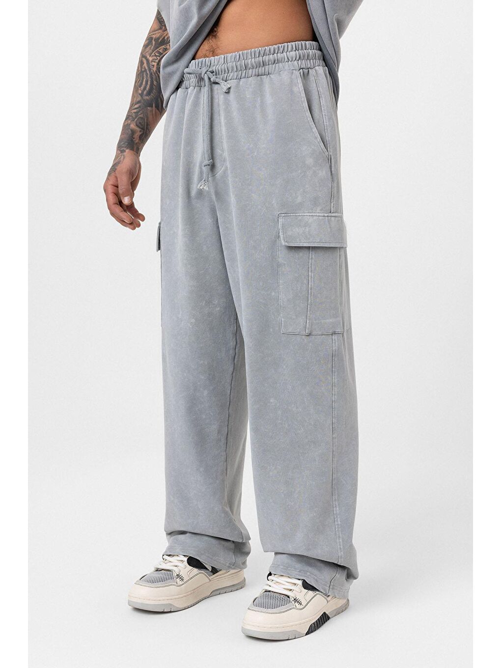 Yıkamalı Kargo Cepli Baggy Eşofman Alt Gri-3