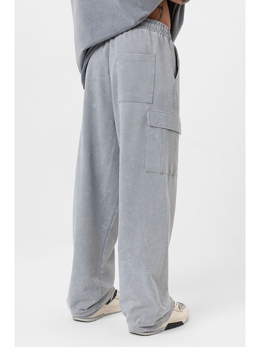 Yıkamalı Kargo Cepli Baggy Eşofman Alt Gri-4