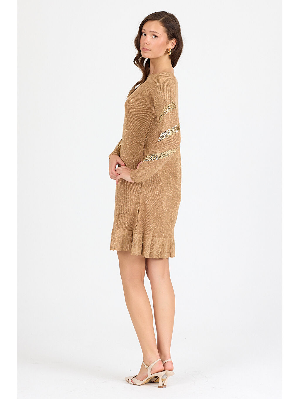 Kahverengi Kadın Bisiklet Yaka Sim Garnili Pul İşlemeli Eibise 3143 (Standart Beden s-m-l-xl Beden Uyumludur)-2