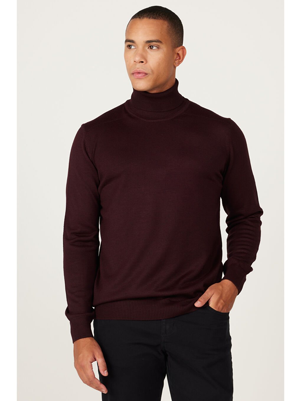 Erkek Bordo Standart Fit Normal Kesim Tam Balıkçı Yaka Triko Kazak