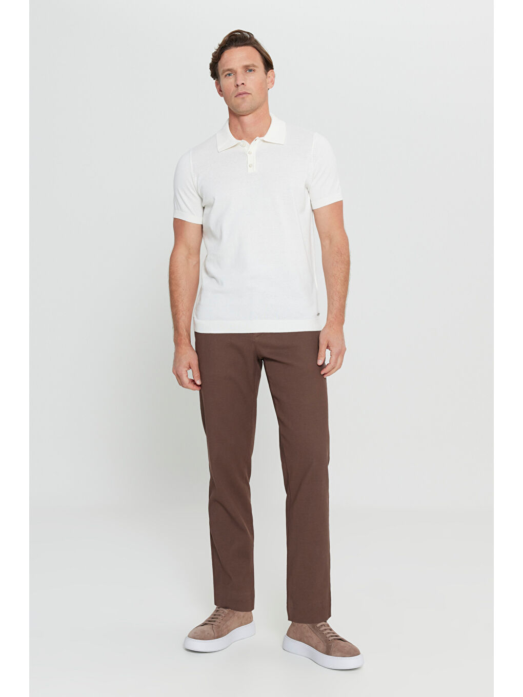 Erkek Beyaz %100 Pamuk Standart Fit Normal Kesim Polo Yaka Triko Tişört-1