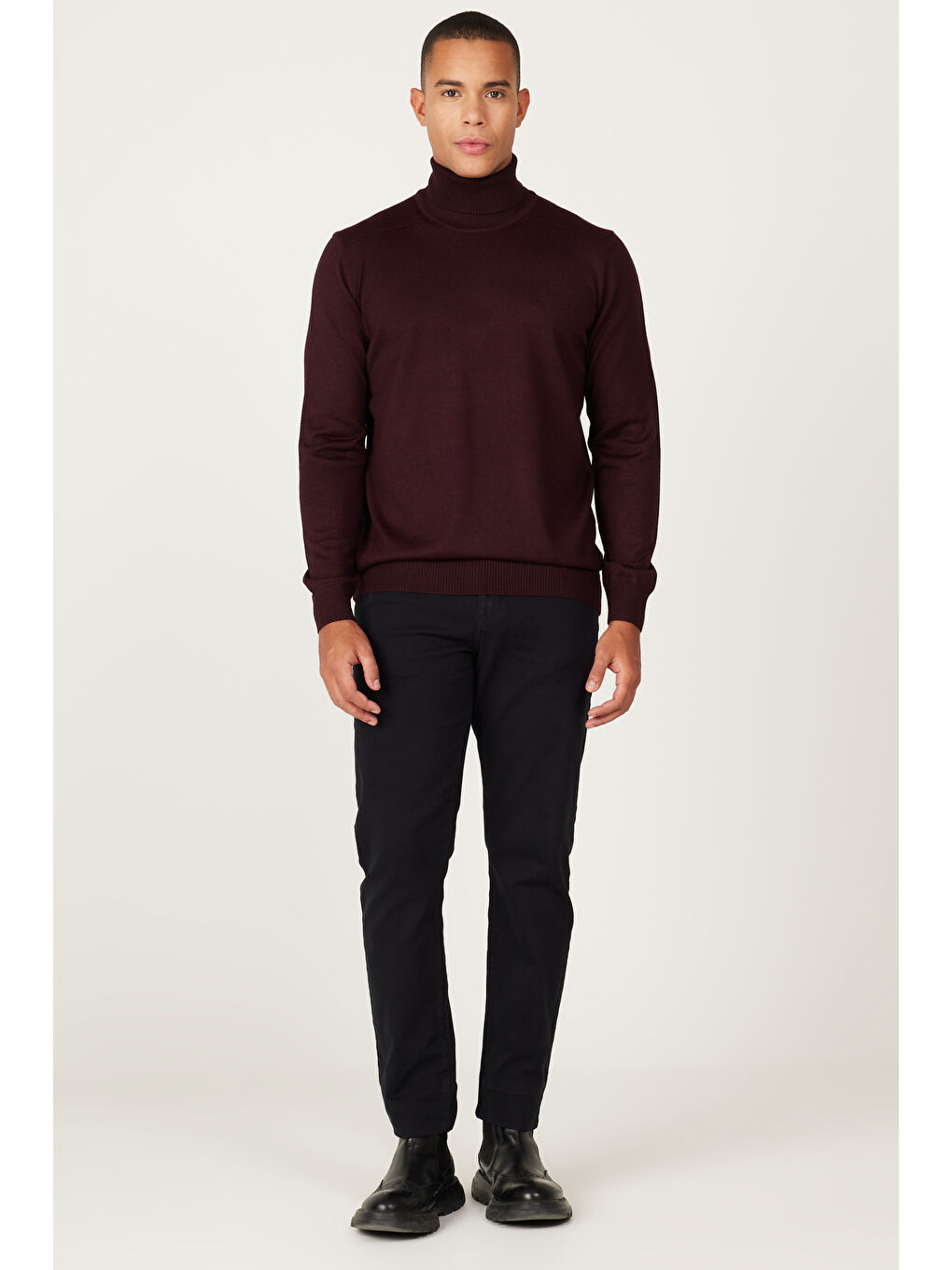 Erkek Bordo Standart Fit Normal Kesim Tam Balıkçı Yaka Triko Kazak-1