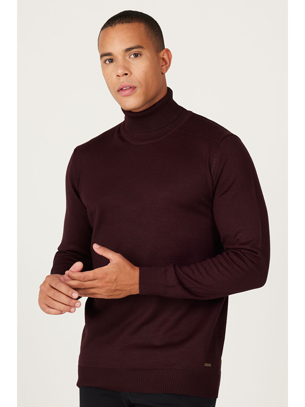 Erkek Bordo Standart Fit Normal Kesim Tam Balıkçı Yaka Triko Kazak-2