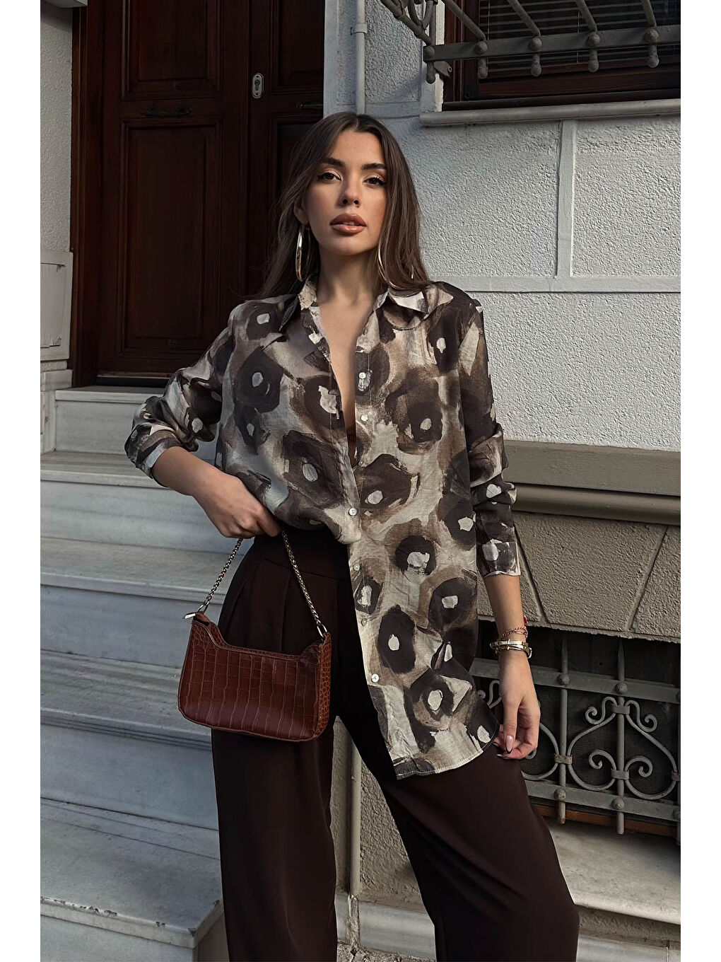 Kahverengi Batik Desenli Gömlek 6YXK2-49093-18