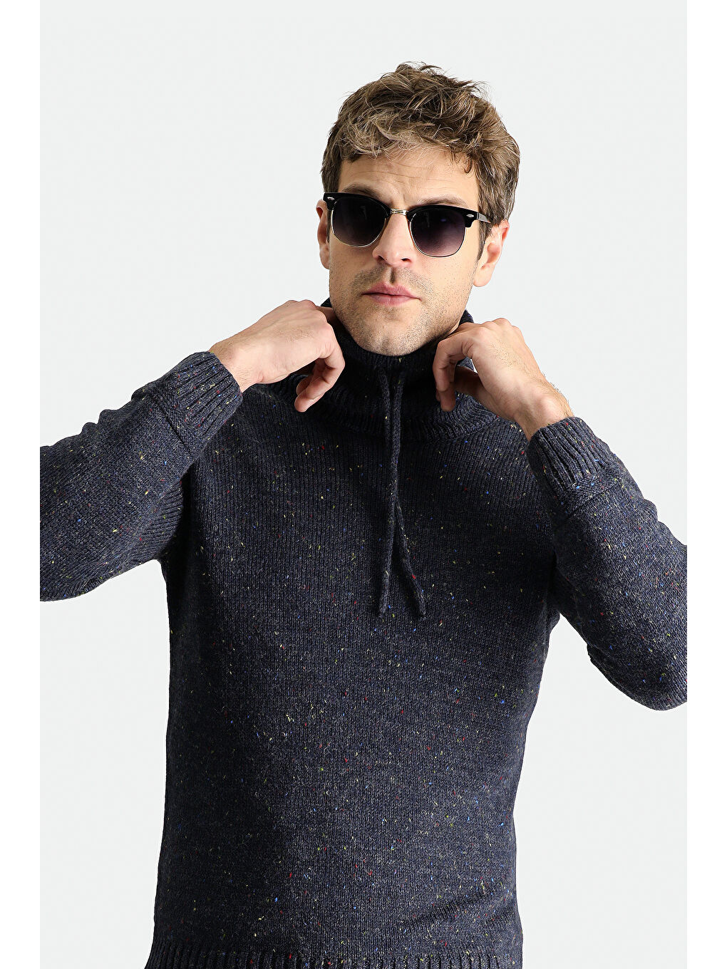 Lacivert Balıkçı Yaka Slim Fit Dar Kesim Desenli Yünlü Triko Kazak