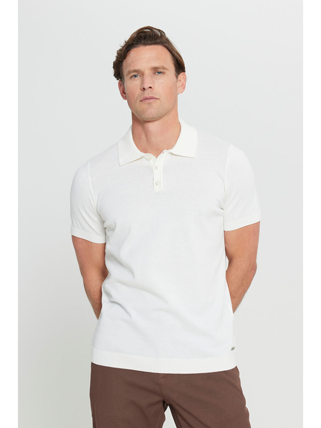 Erkek Beyaz %100 Pamuk Standart Fit Normal Kesim Polo Yaka Triko Tişört-2