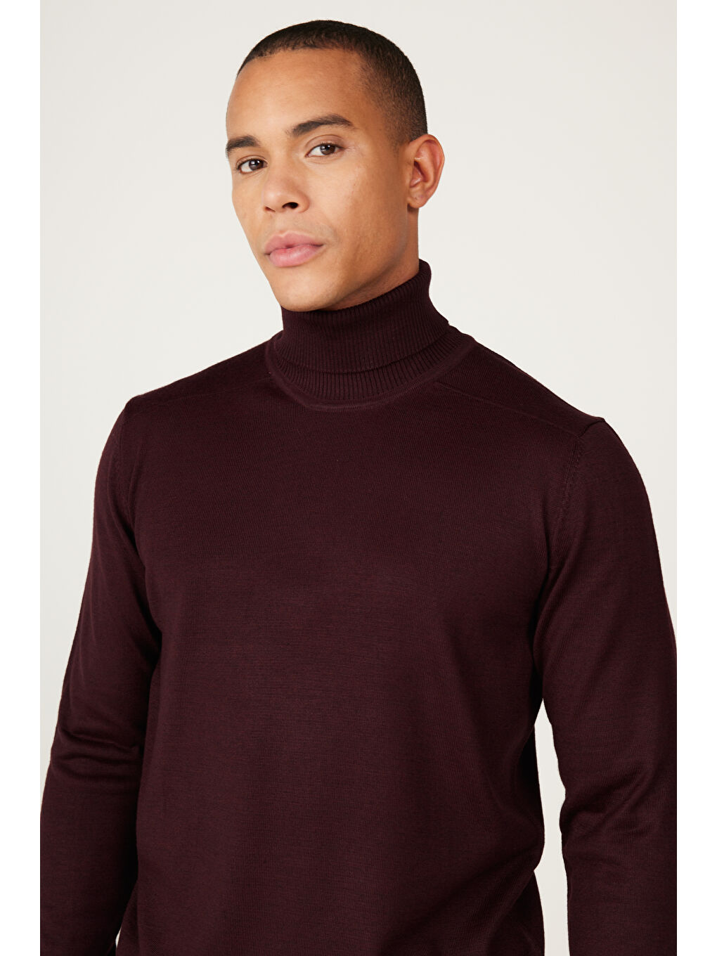 Erkek Bordo Standart Fit Normal Kesim Tam Balıkçı Yaka Triko Kazak-3