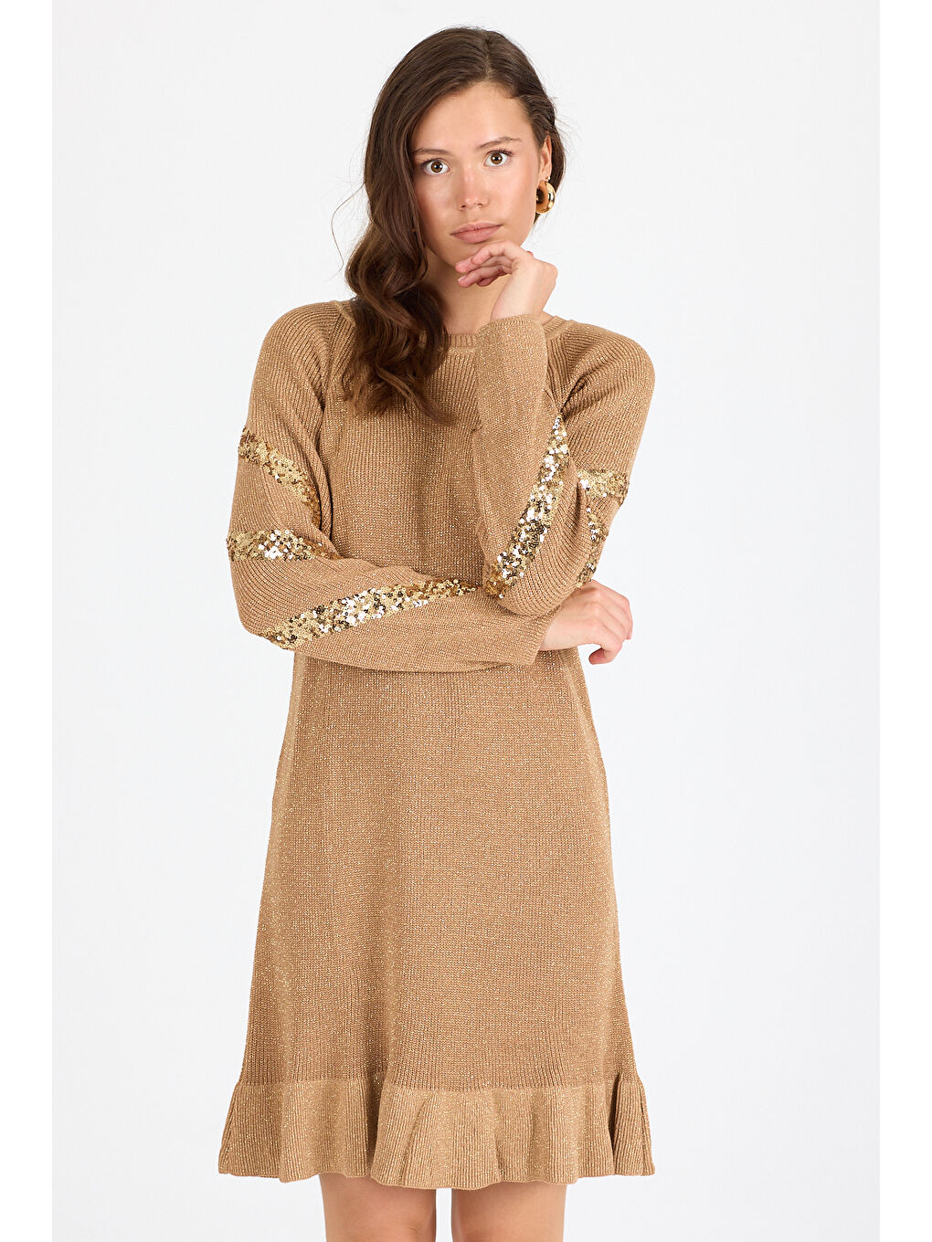 Kahverengi Kadın Bisiklet Yaka Sim Garnili Pul İşlemeli Eibise 3143 (Standart Beden s-m-l-xl Beden Uyumludur)-3