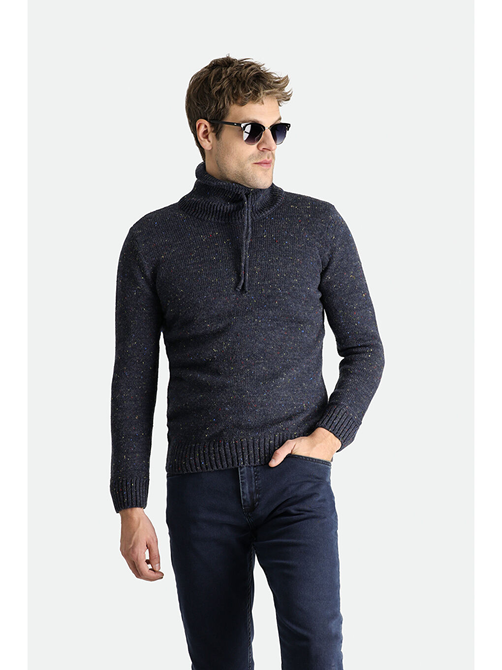 Lacivert Balıkçı Yaka Slim Fit Dar Kesim Desenli Yünlü Triko Kazak-1