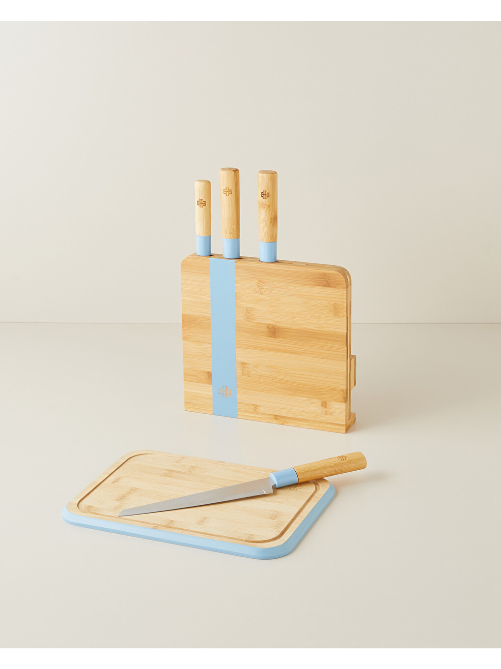 Shelby Bambu 6 Parça Kesme Tahtası Bıçak Seti 38x25 Cm Mavi-1