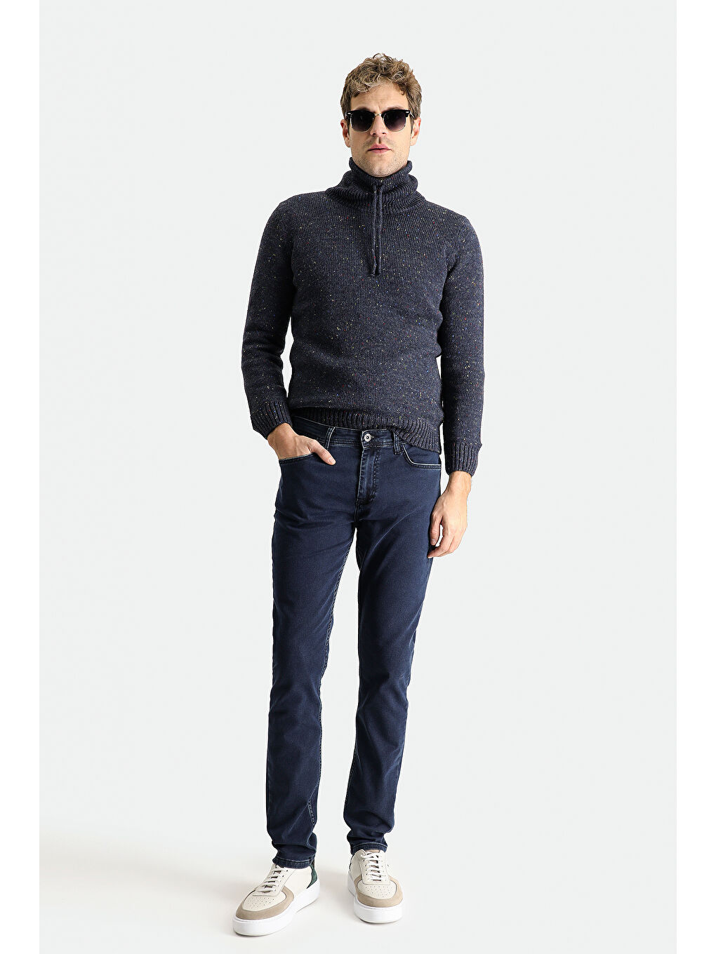 Lacivert Balıkçı Yaka Slim Fit Dar Kesim Desenli Yünlü Triko Kazak-2