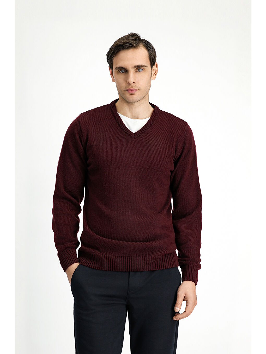 Bordo V Yaka Regular Fit Triko Büyük Beden Kazak-1