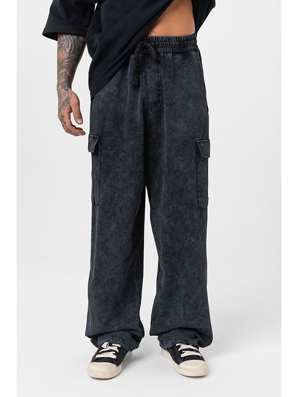 Yıkamalı Kargo Cepli Baggy Eşofman Alt Siyah-2