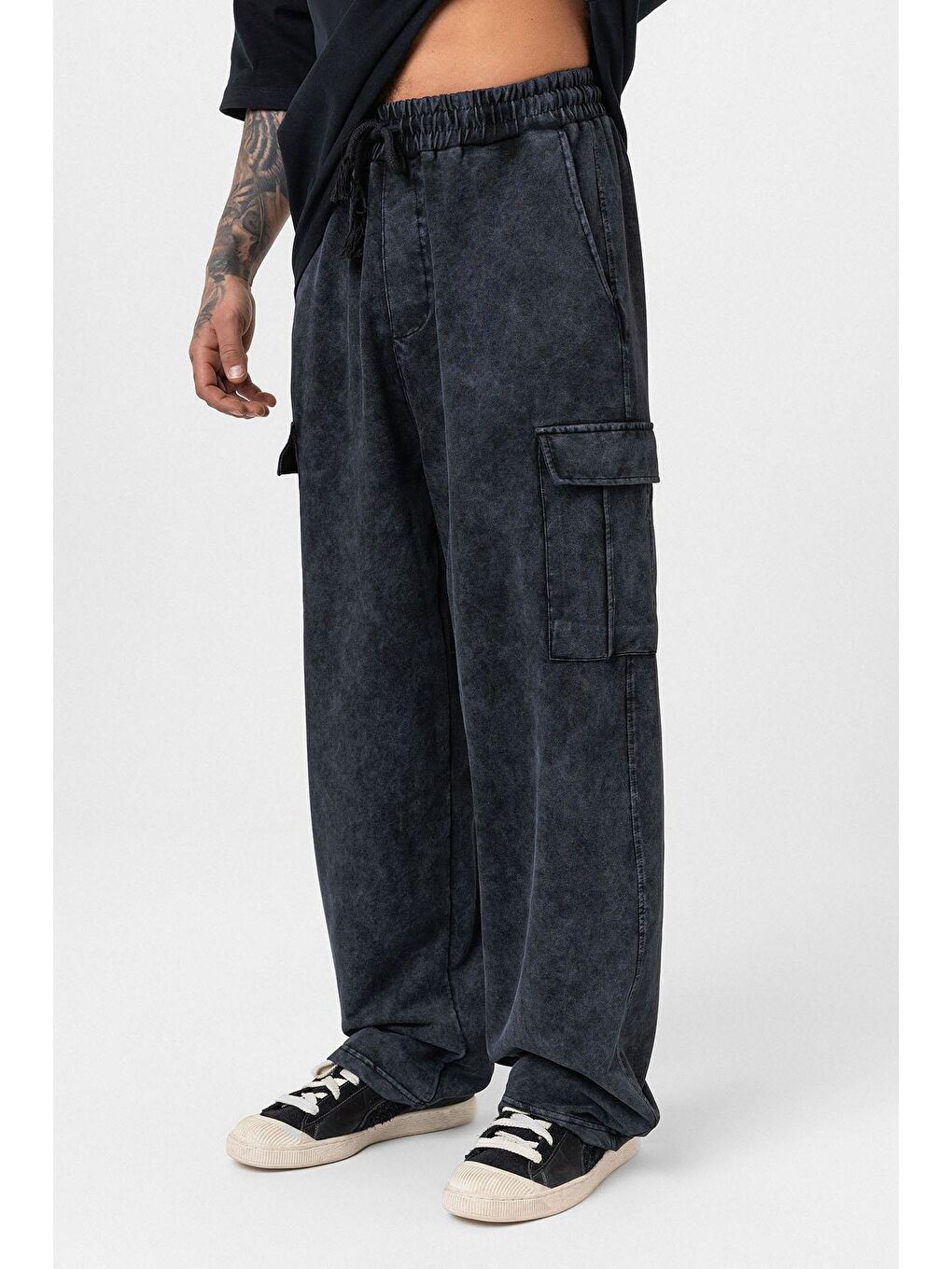 Yıkamalı Kargo Cepli Baggy Eşofman Alt Siyah-3