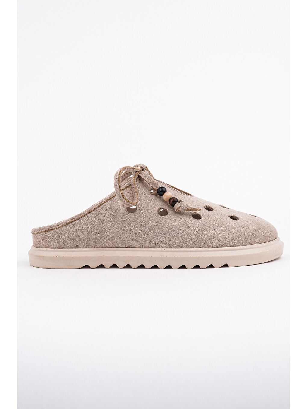 Bej SHAMMY Süet Deri Delikli Bağcıklı Günlük Rahat Önü Kapalı Kadın Terlik-2