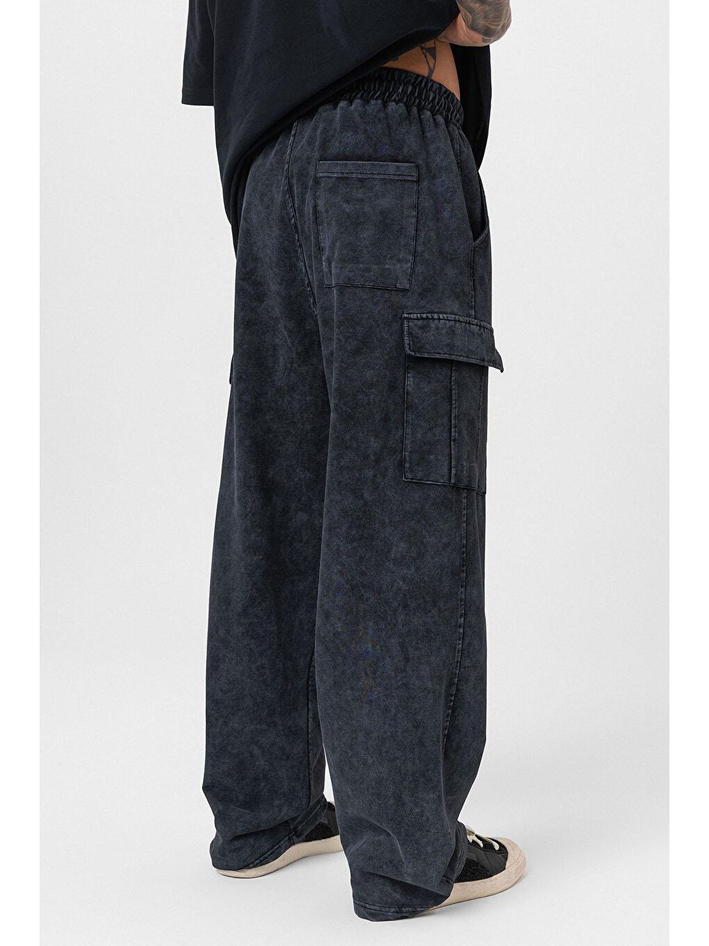 Yıkamalı Kargo Cepli Baggy Eşofman Alt Siyah-4