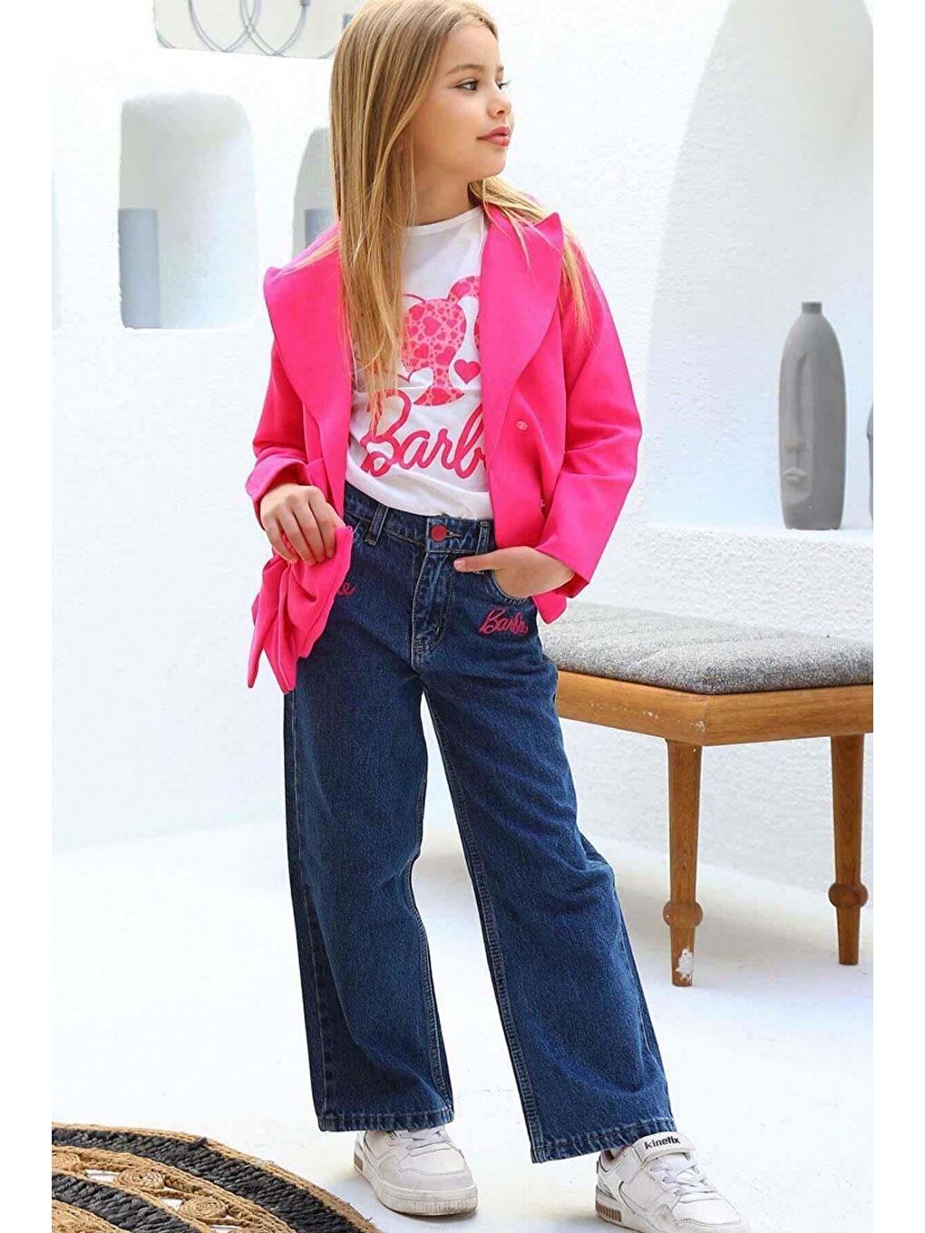 Pembe Kız Çocuk ve Yazı Detaylı T-Shirt Kurdela Düğme Detaylı Blazer Ceket Alt Üst Takım-1