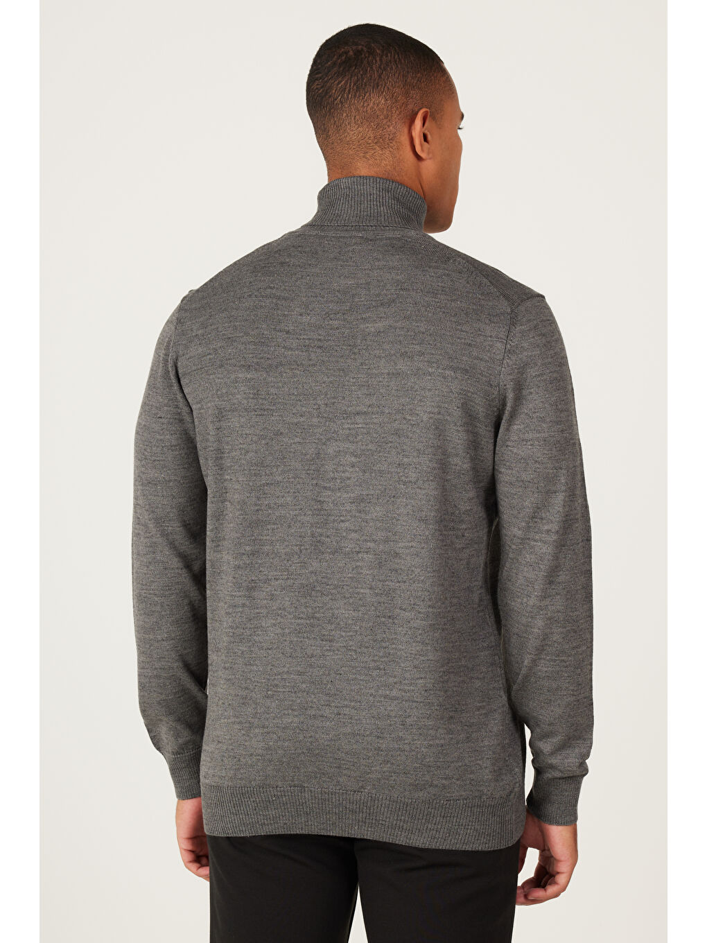 Erkek Gri Melanj Standart Fit Normal Kesim Tam Balıkçı Yaka Triko Kazak-5