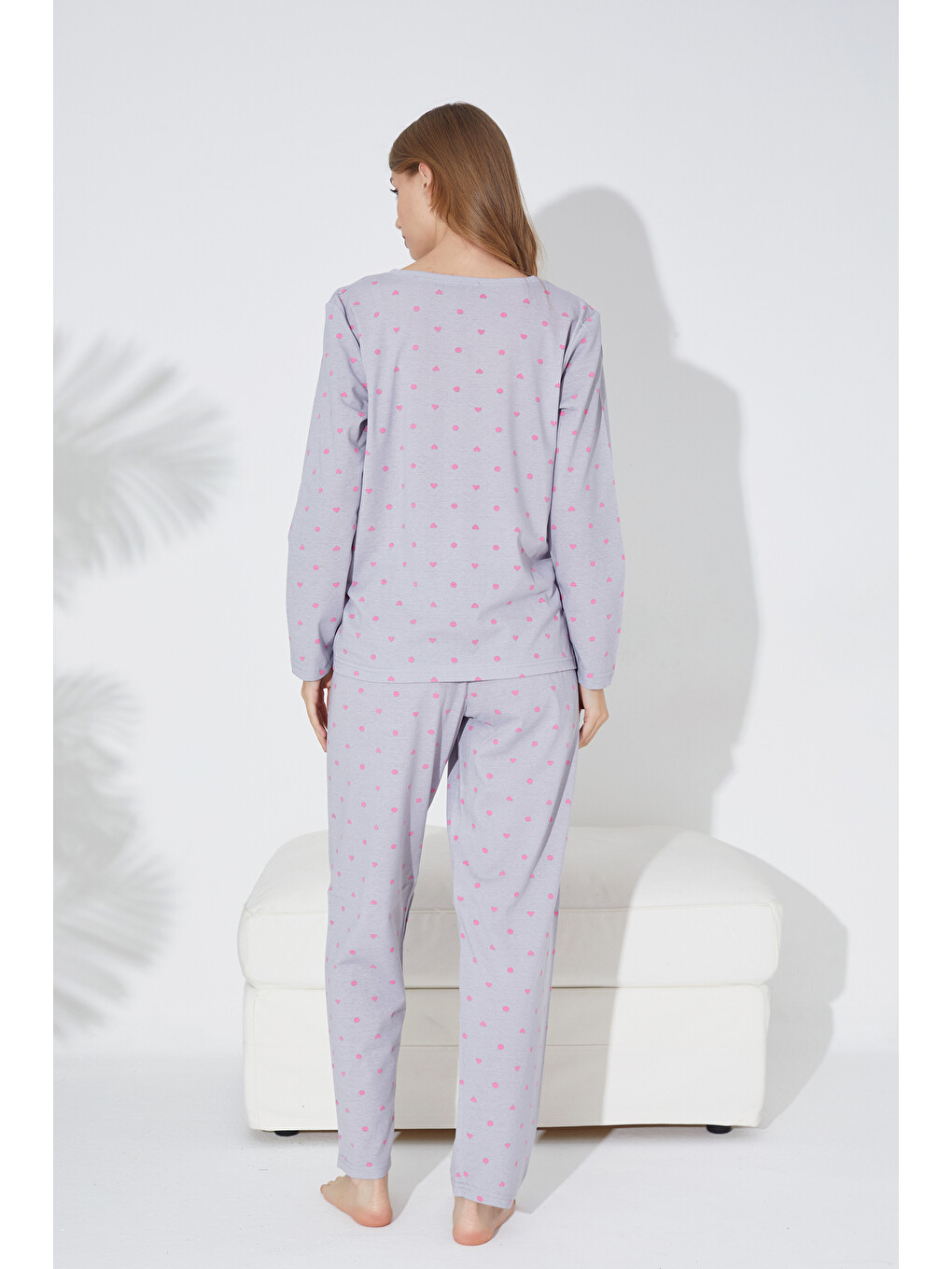 Gri Pembe Kalp Ve Puan Desenli Örme Pijama Takım 7792-2