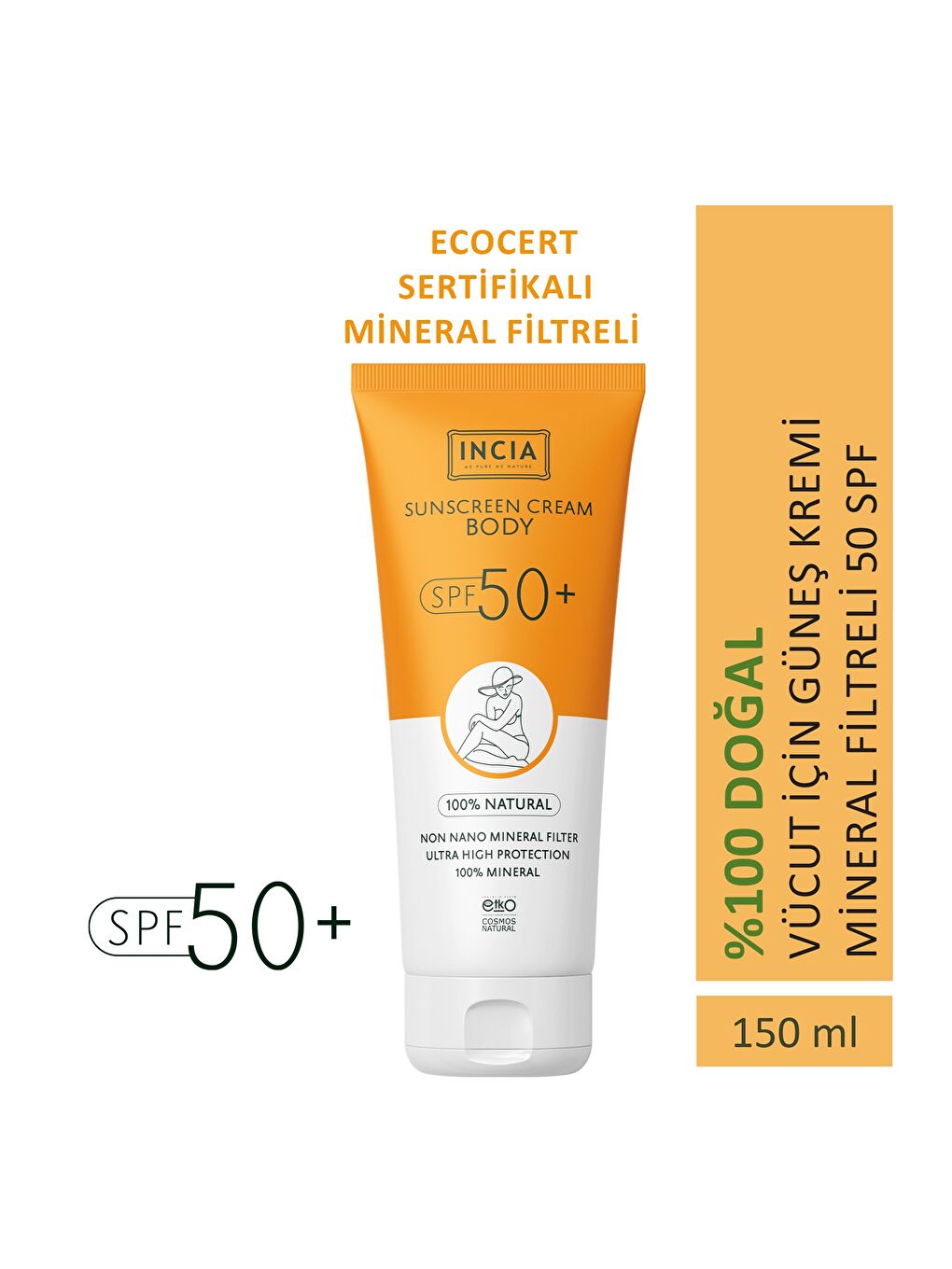 %100 Doğal Vücut Güneş Kremi Leke Karşıtı Mineral Filtreli Yüksek Koruma SPF 50+ UVA UVB 150 ml