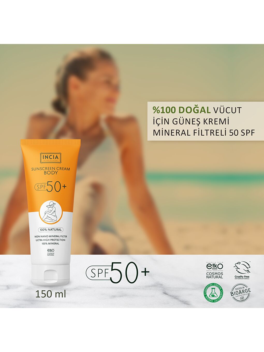 %100 Doğal Vücut Güneş Kremi Leke Karşıtı Mineral Filtreli Yüksek Koruma SPF 50+ UVA UVB 150 ml-1