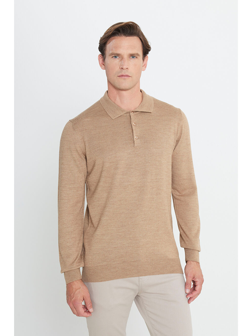 Bej Erkek Vizon Standart Fit Normal Kesim Polo Yaka Triko Kazak