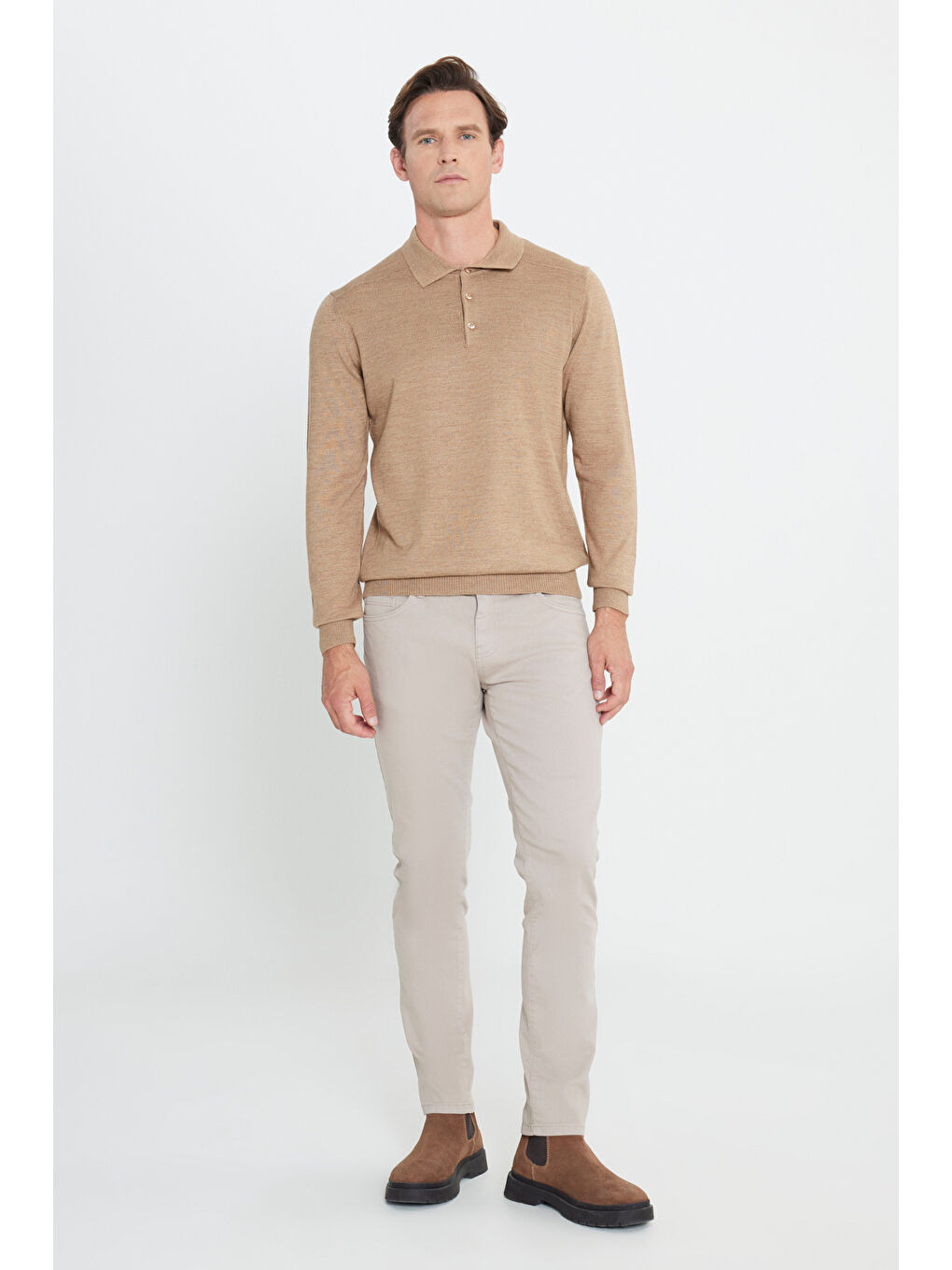 Bej Erkek Vizon Standart Fit Normal Kesim Polo Yaka Triko Kazak-1