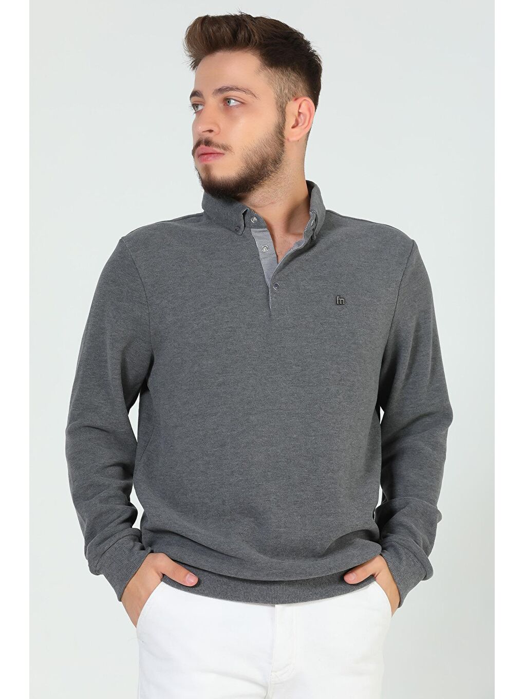 Antrasit Erkek Gömlek Yaka Sweatshirt