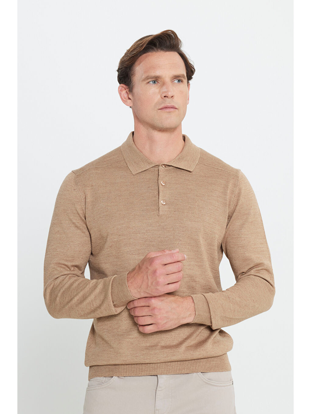 Bej Erkek Vizon Standart Fit Normal Kesim Polo Yaka Triko Kazak-2