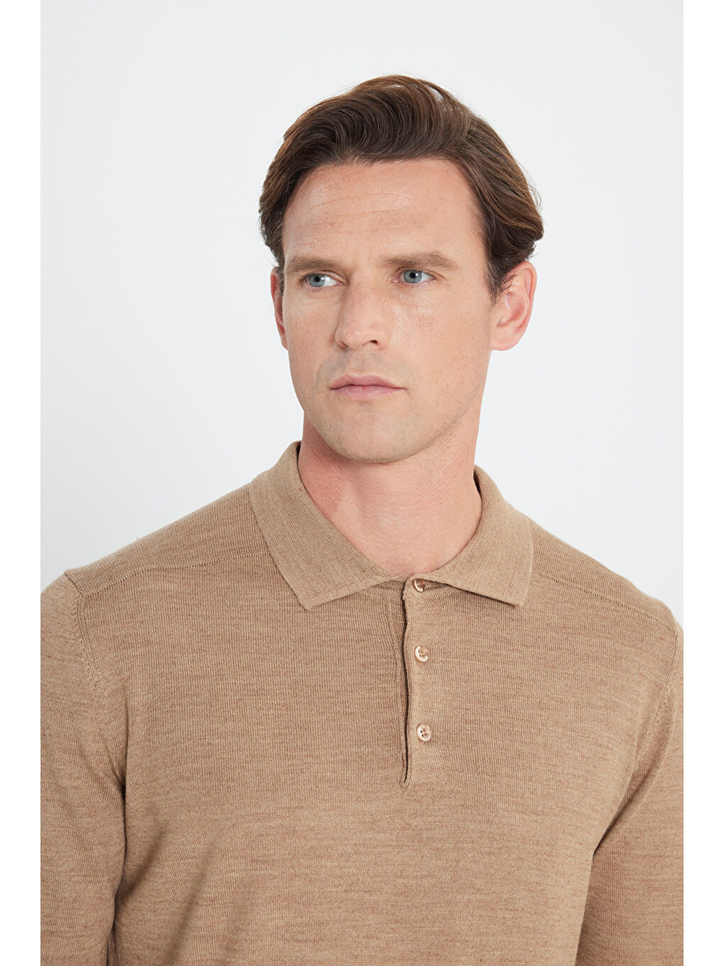 Bej Erkek Vizon Standart Fit Normal Kesim Polo Yaka Triko Kazak-3