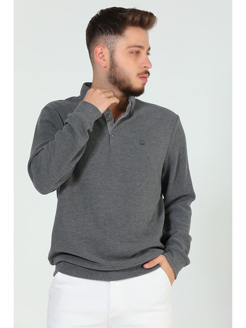 Antrasit Erkek Gömlek Yaka Sweatshirt-1