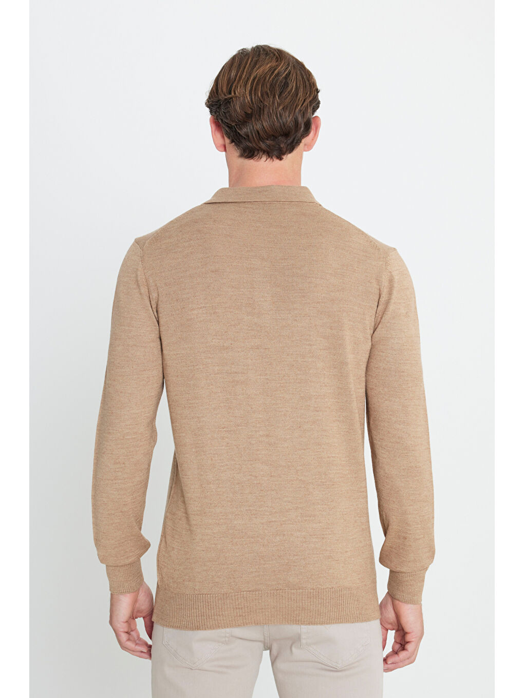 Bej Erkek Vizon Standart Fit Normal Kesim Polo Yaka Triko Kazak-4